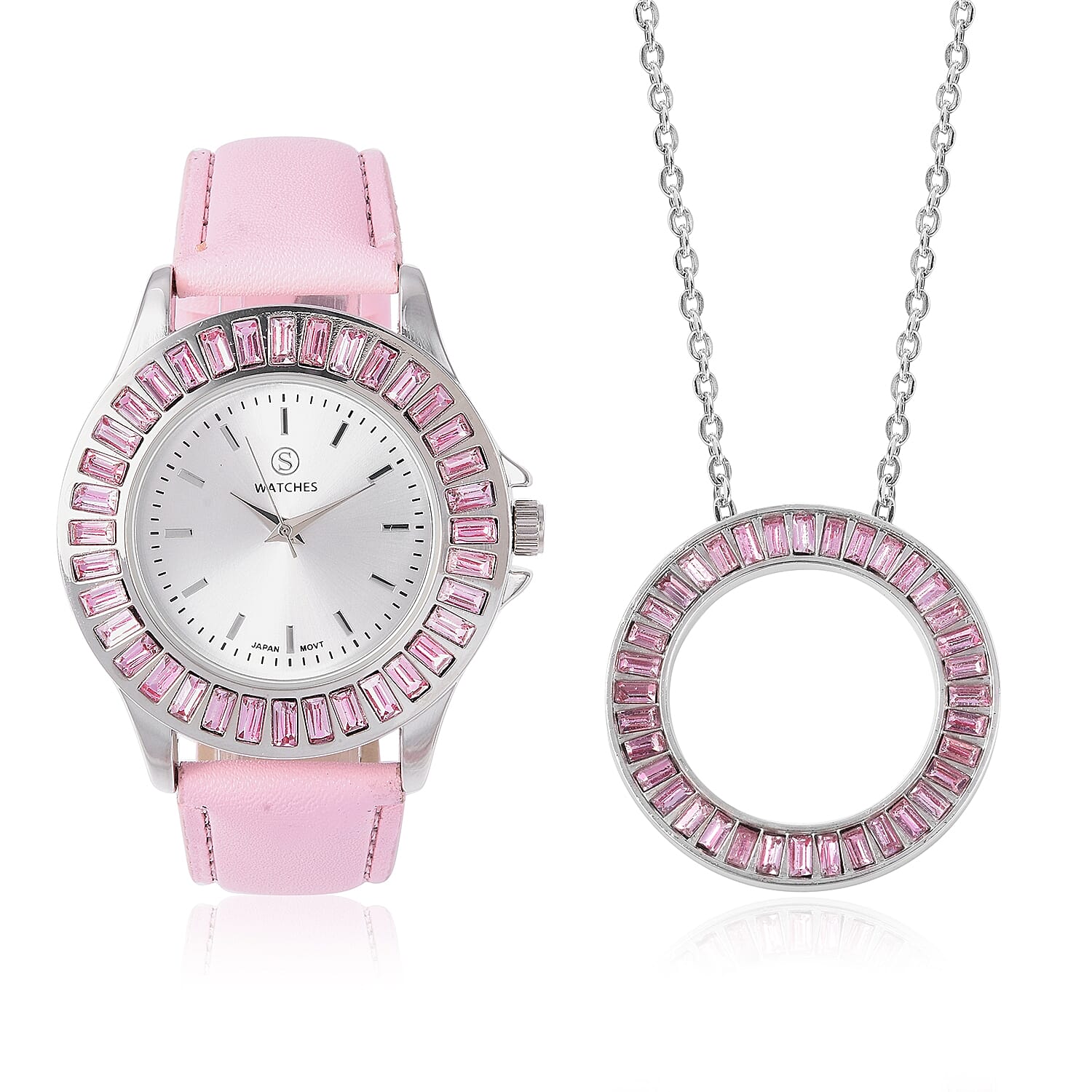 2 Piece Set - STRADA Japanese Movement Water Resistant Simulated Pink Diamond Studded Watch with Pink Strap and Necklace (Size 24)