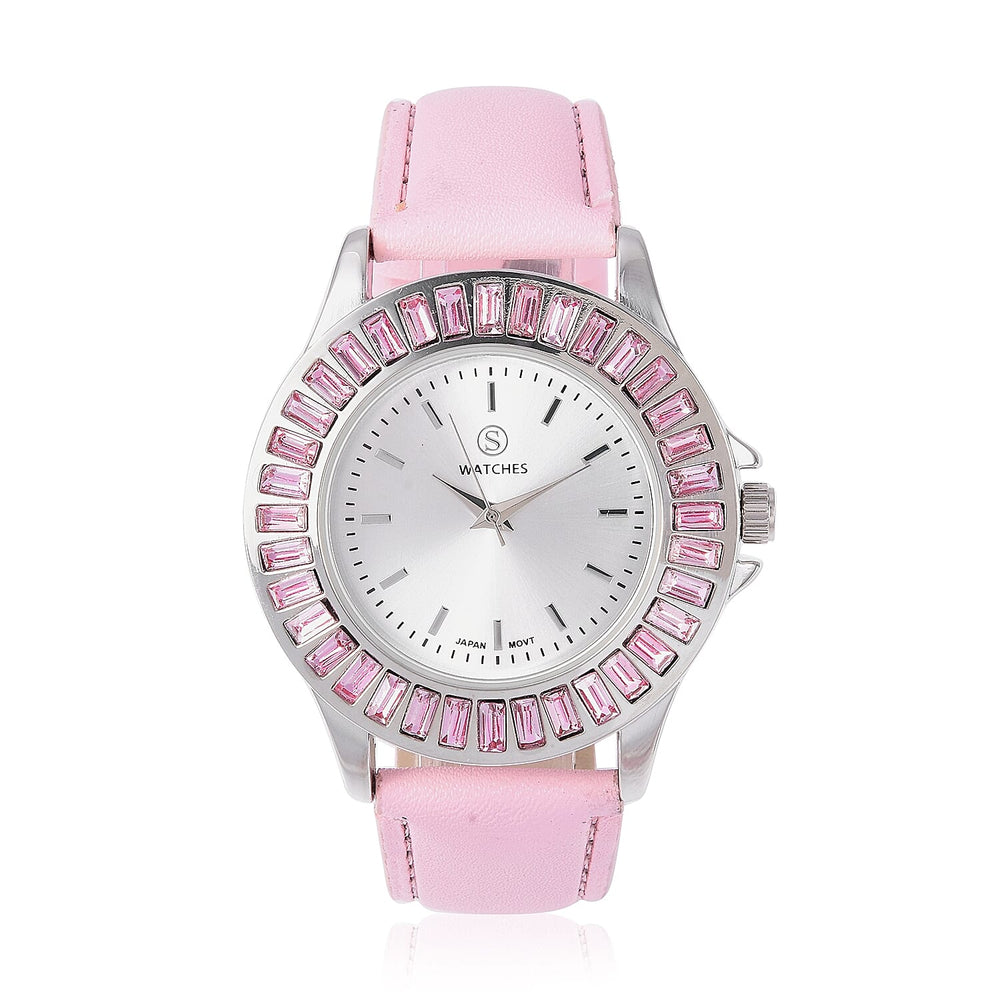 2 Piece Set - STRADA Japanese Movement Water Resistant Simulated Pink Diamond Studded Watch with Pink Strap and Necklace (Size 24)