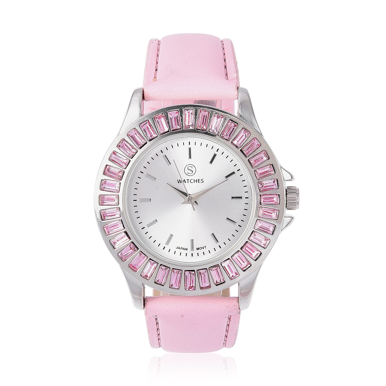 2 Piece Set - STRADA Japanese Movement Water Resistant Simulated Pink Diamond Studded Watch with Pink Strap and Necklace (Size 24)