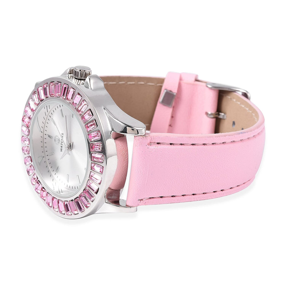 2 Piece Set - STRADA Japanese Movement Water Resistant Simulated Pink Diamond Studded Watch with Pink Strap and Necklace (Size 24)