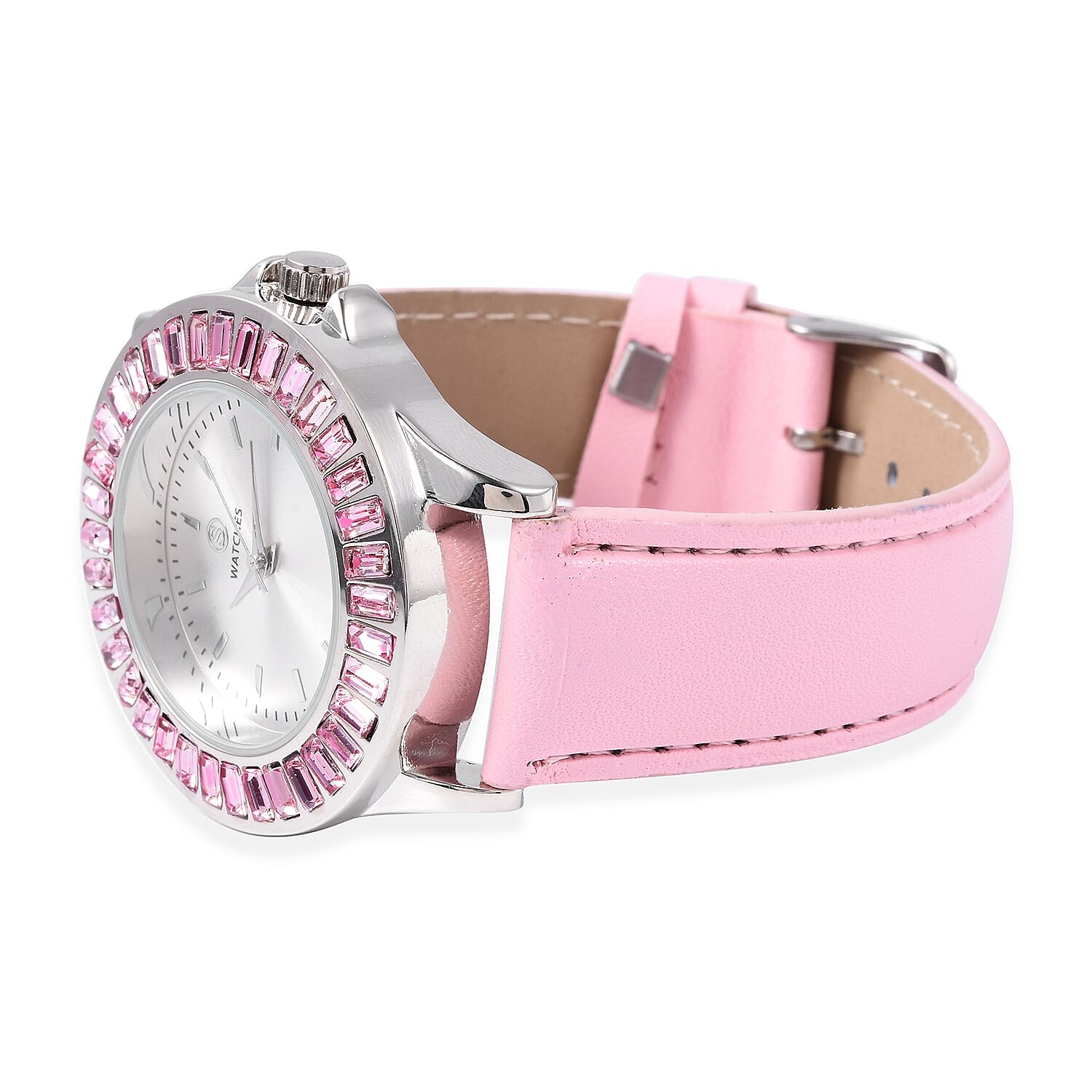 2 Piece Set - STRADA Japanese Movement Water Resistant Simulated Pink Diamond Studded Watch with Pink Strap and Necklace (Size 24)