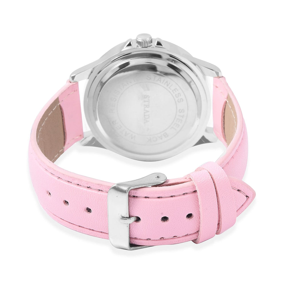 2 Piece Set - STRADA Japanese Movement Water Resistant Simulated Pink Diamond Studded Watch with Pink Strap and Necklace (Size 24)