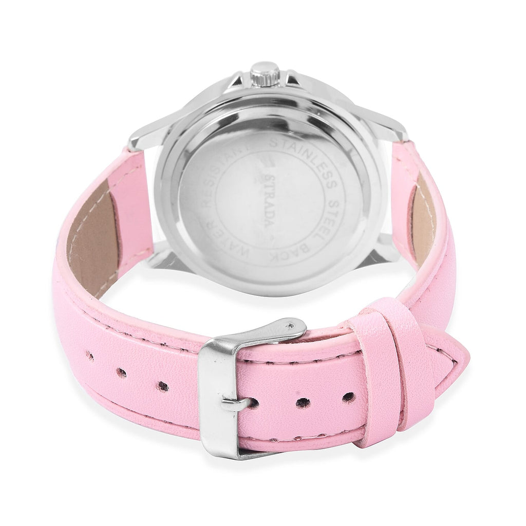 2 Piece Set - STRADA Japanese Movement Water Resistant Simulated Pink Diamond Studded Watch with Pink Strap and Necklace (Size 24)