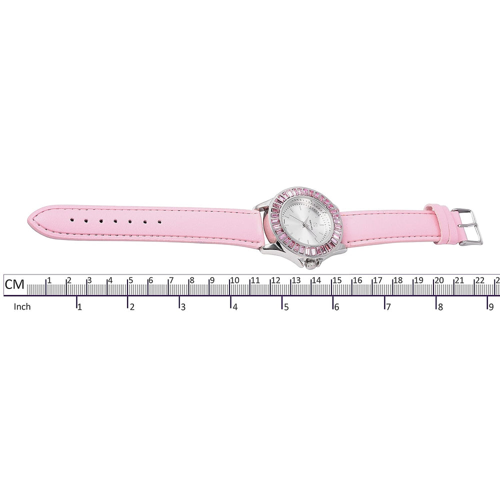 2 Piece Set - STRADA Japanese Movement Water Resistant Simulated Pink Diamond Studded Watch with Pink Strap and Necklace (Size 24)