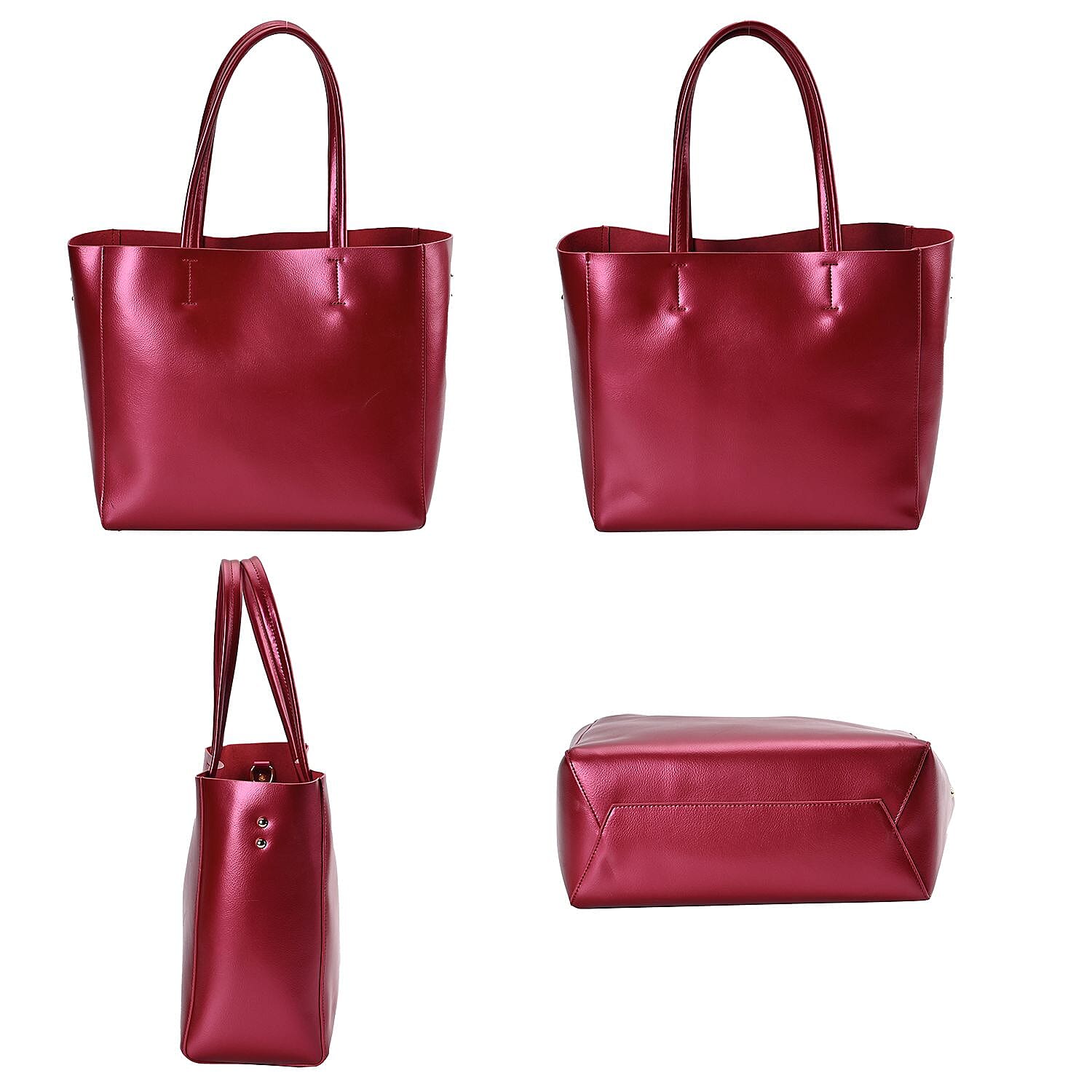 Hong Kong Closeout Genuine Leather Tote Bag with Detachable Zipped Lining - Metallic Red