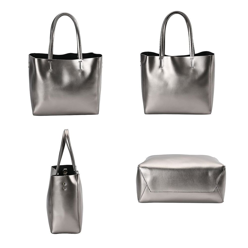 Hong Kong Closeout Genuine Leather 2- in-1 Tote Bag with Detachable Zipped Lining - Metallic Silver