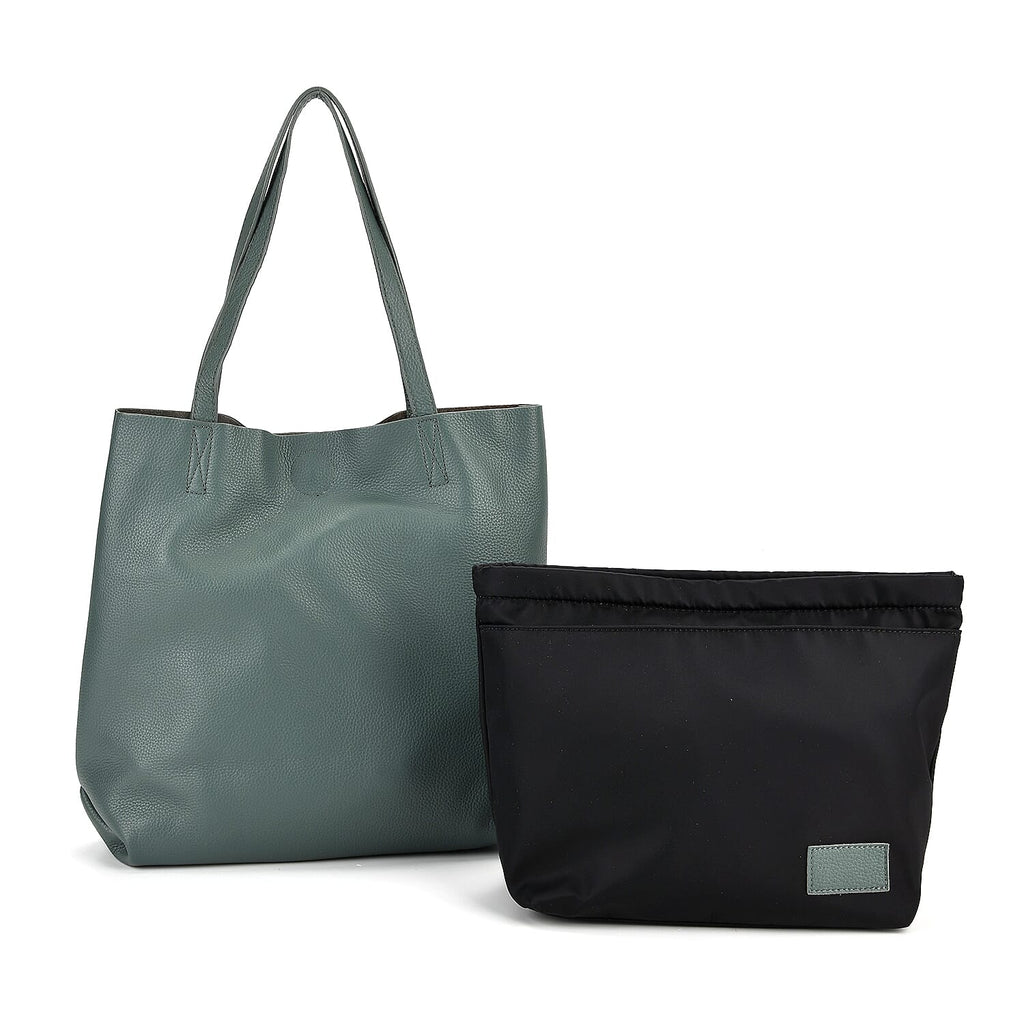 2-in-1 Genuine Leather Tote Bag - Pouch - Blue