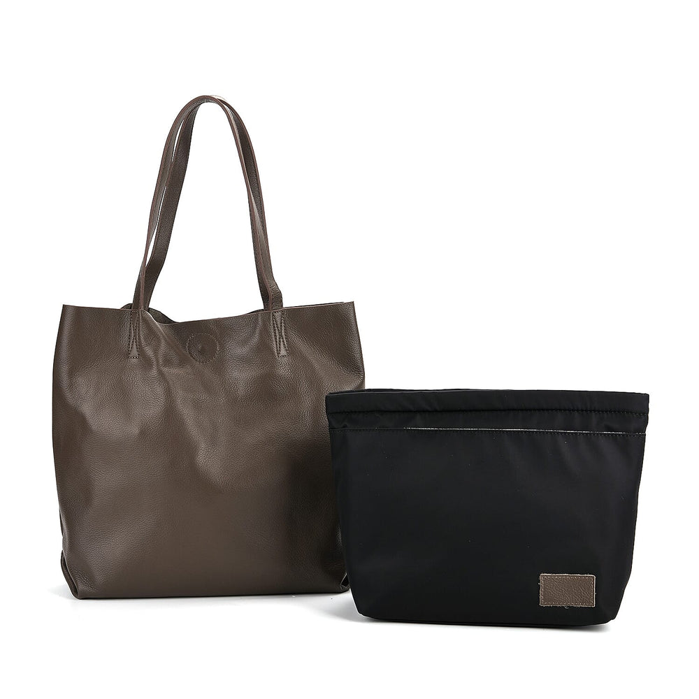 2-in-1 Genuine Leather Tote Bag - Pouch - Dark Grey