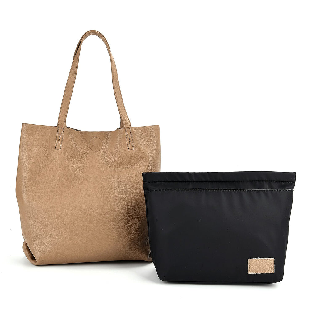 2-in-1 Genuine Leather Tote Bag - Pouch - Light Brown
