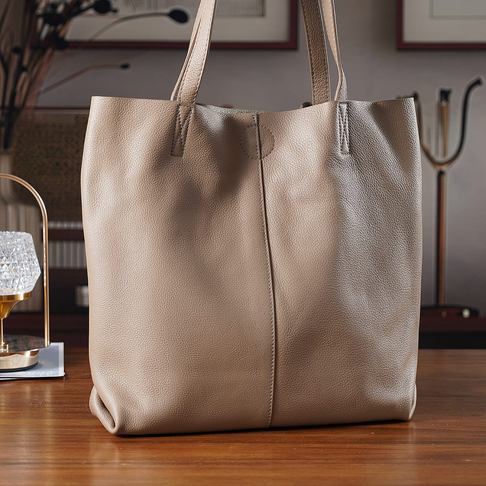 2-in-1 Genuine Leather Tote Bag - Pouch - Light Brown