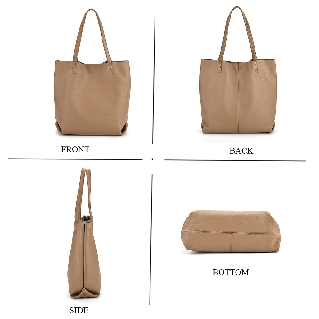 2-in-1 Genuine Leather Tote Bag - Pouch - Light Brown