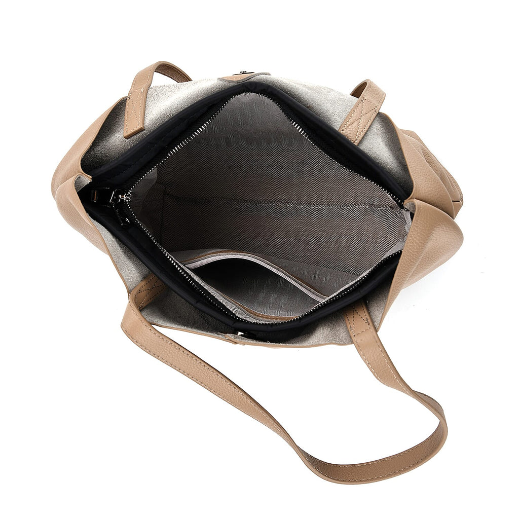 2-in-1 Genuine Leather Tote Bag - Pouch - Light Brown