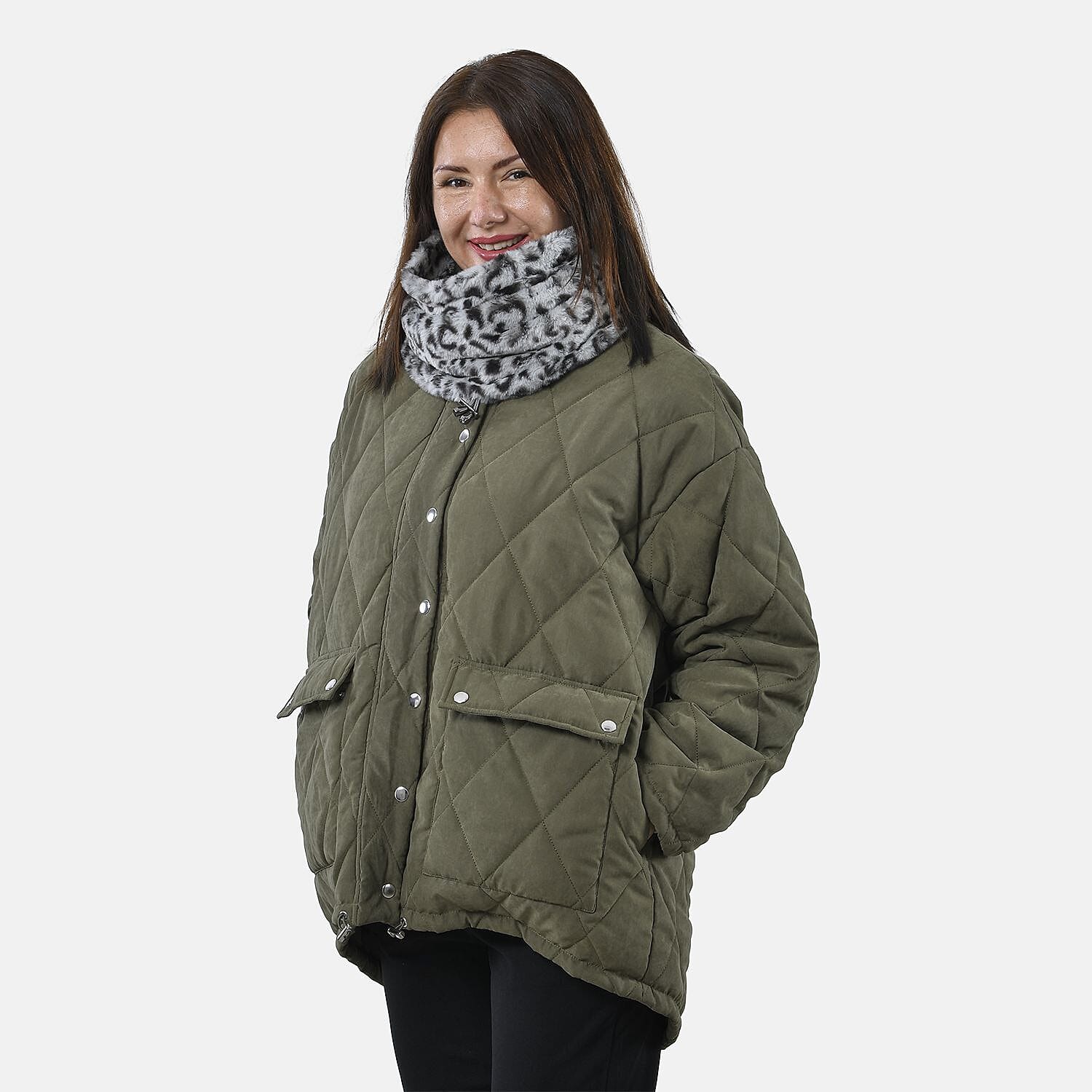 Leopard Pattern Faux Fur Snood - Grey