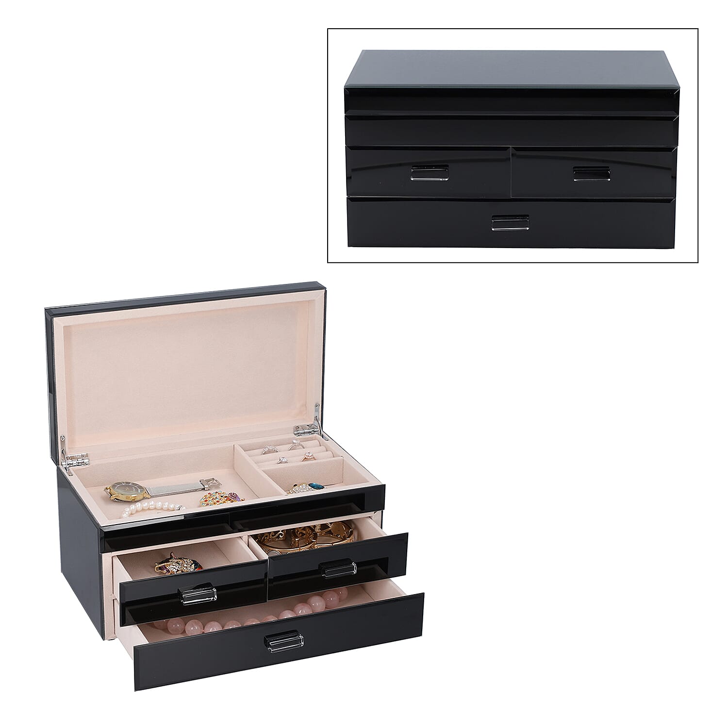 3 Layer Glass Mirrored Jewellery Box with three Drawer and Velvet Inner Lining (Size 31x17x16cm) - Black