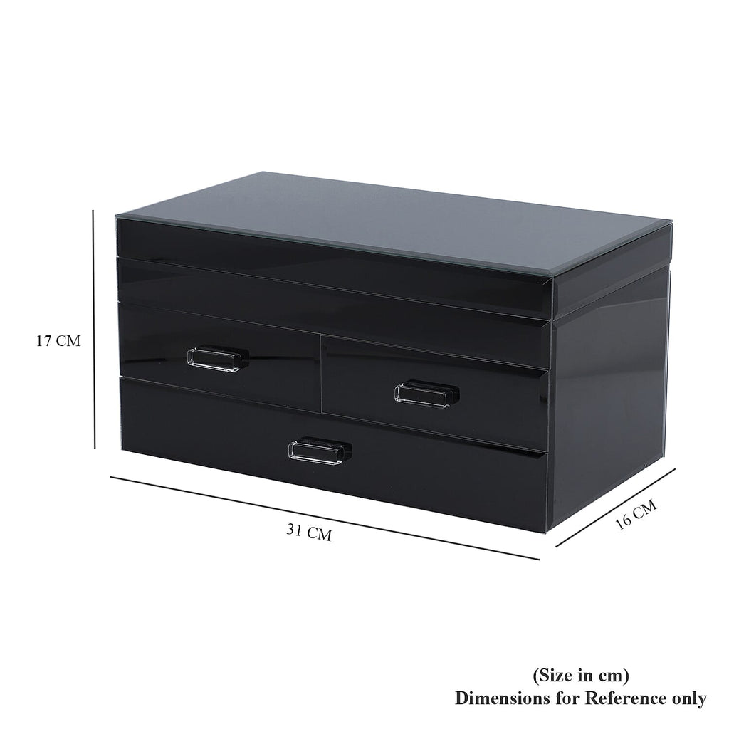 3 Layer Glass Mirrored Jewellery Box with three Drawer and Velvet Inner Lining (Size 31x17x16cm) - Black