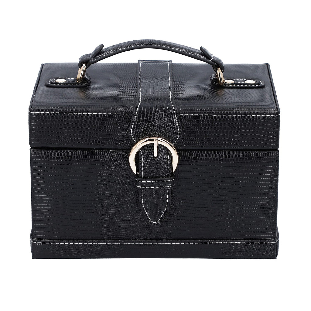 3 Layer Lizard Skin Pattern Jewellery Box with Inside Mirror and Button Lock (Size 22x16x14cm) - Black
