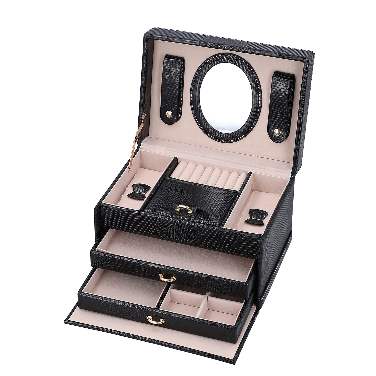 3 Layer Lizard Skin Pattern Jewellery Box with Inside Mirror and Button Lock (Size 22x16x14cm) - Black