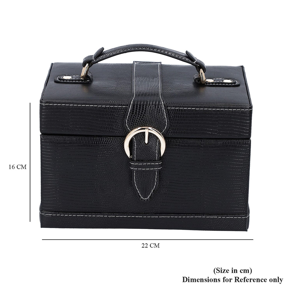 3 Layer Lizard Skin Pattern Jewellery Box with Inside Mirror and Button Lock (Size 22x16x14cm) - Black