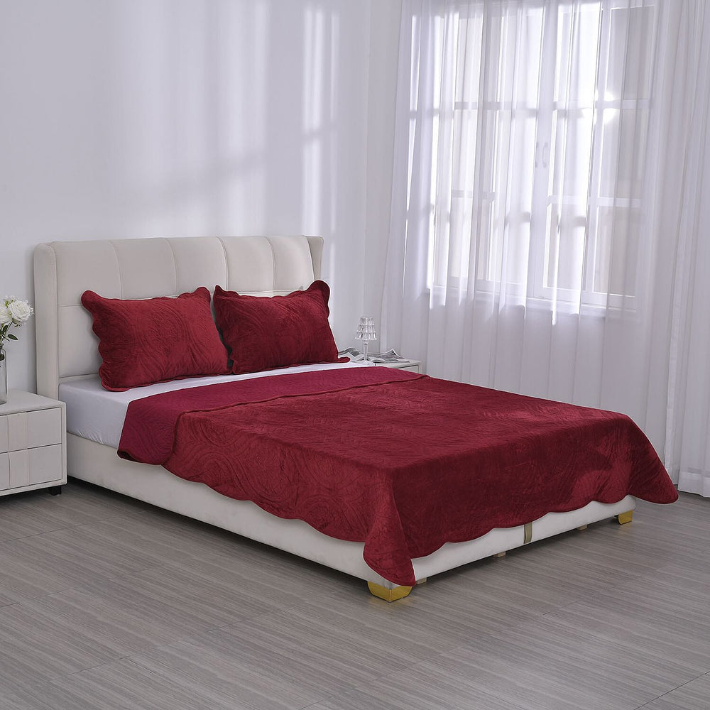 3 Pcs Set Quilt and 2 Pillowcases (Size 200x200 Cm) - Burgundy