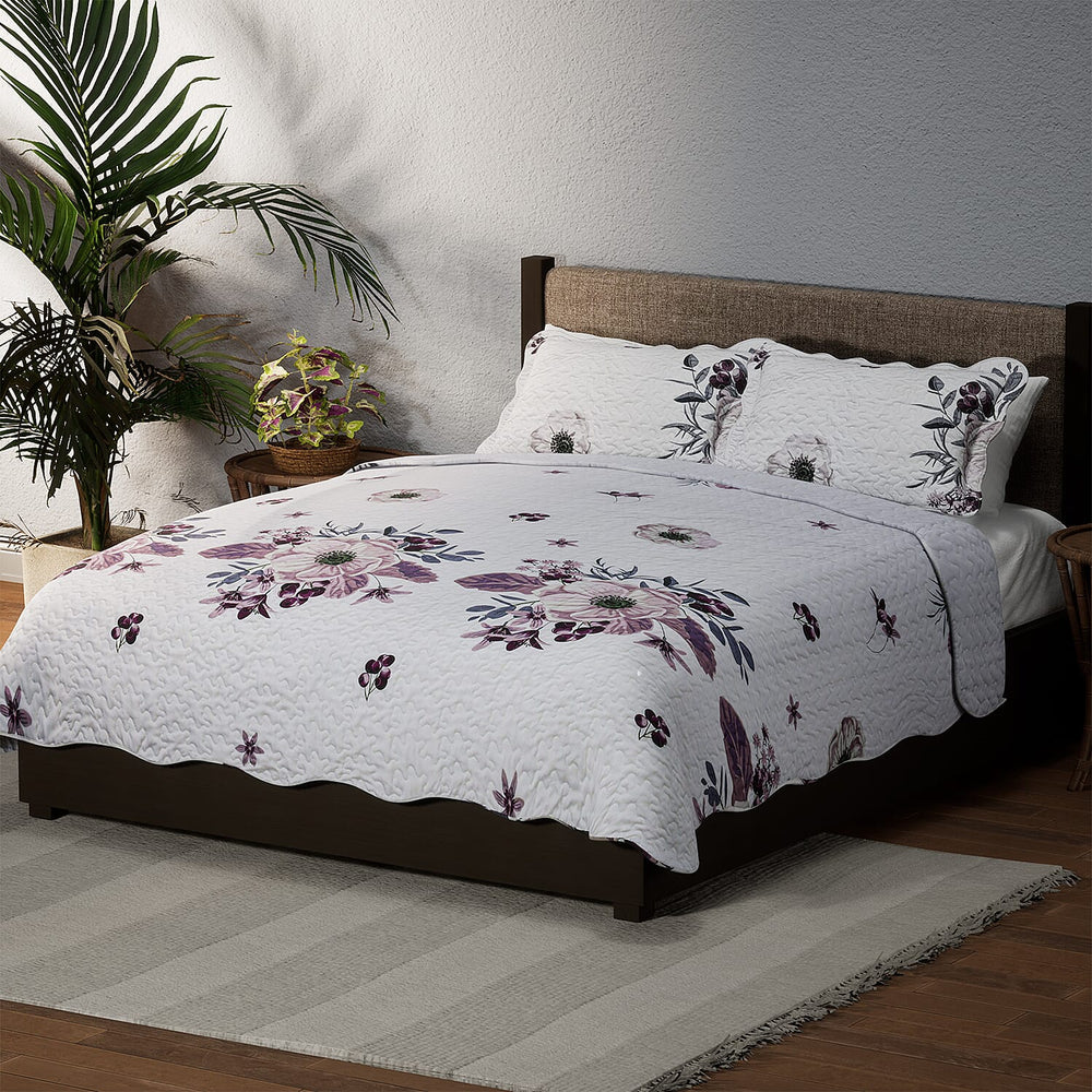 Flowers in Bloom- Summer Quilt with 2 Pillowcases (Double Size) - White and Purple