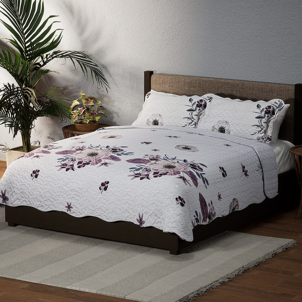 Flowers in Bloom- Summer Quilt with 2 Pillowcases (Double Size) - White and Purple