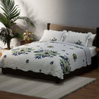 Flowers in Bloom- Summer Quilt with 2 Pillowcases (King Size) - White and Green