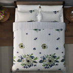 Flowers in Bloom- Summer Quilt with 2 Pillowcases (King Size) - White and Green