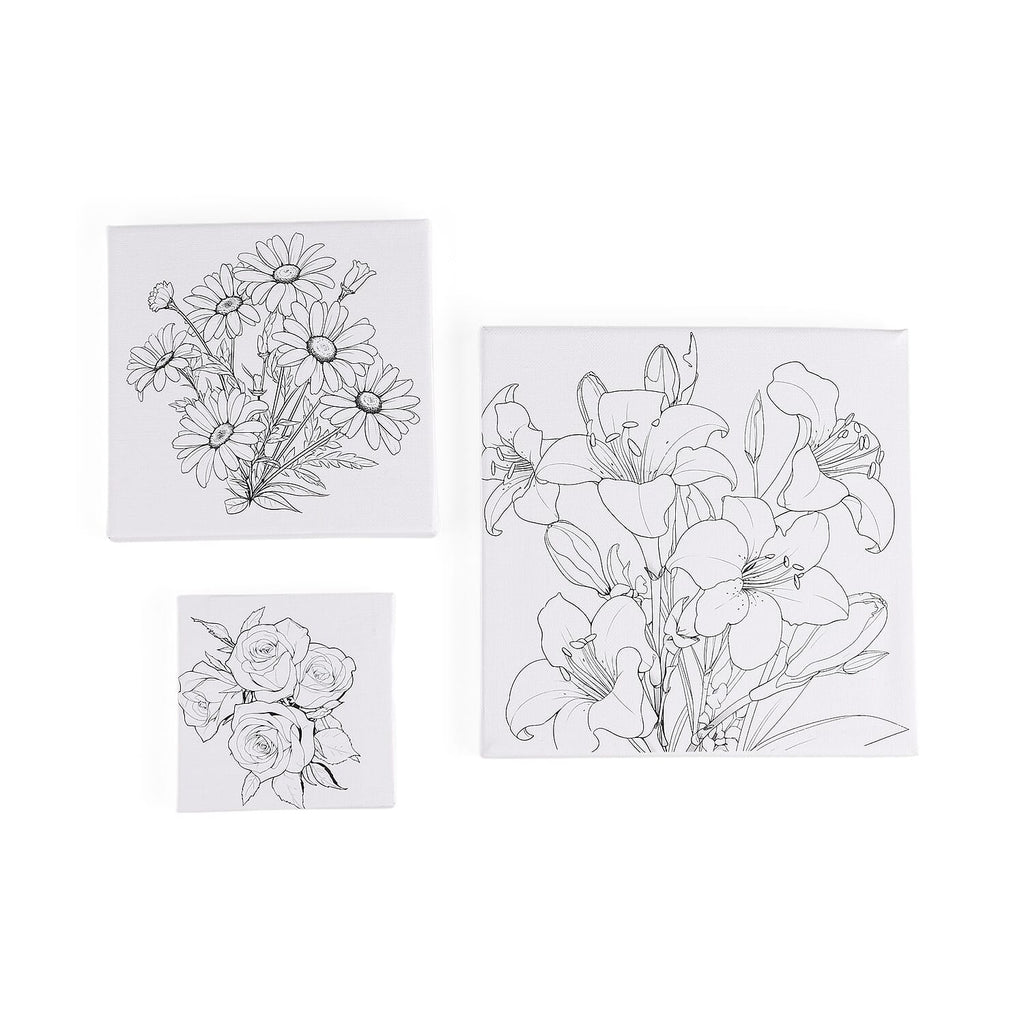 3-Piece Floral Canvas Painting Set- Rose, Daisy, Lily Canvases with Easel, 12 Watercolors & Brushes