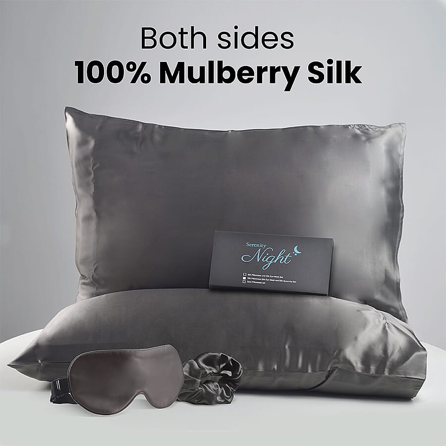 3 Piece Set - 100% Mulberry Silk Pillowcase (50x75cm), Scrunchie & Eye Mask (23.5x10.5cm) - Dark Grey