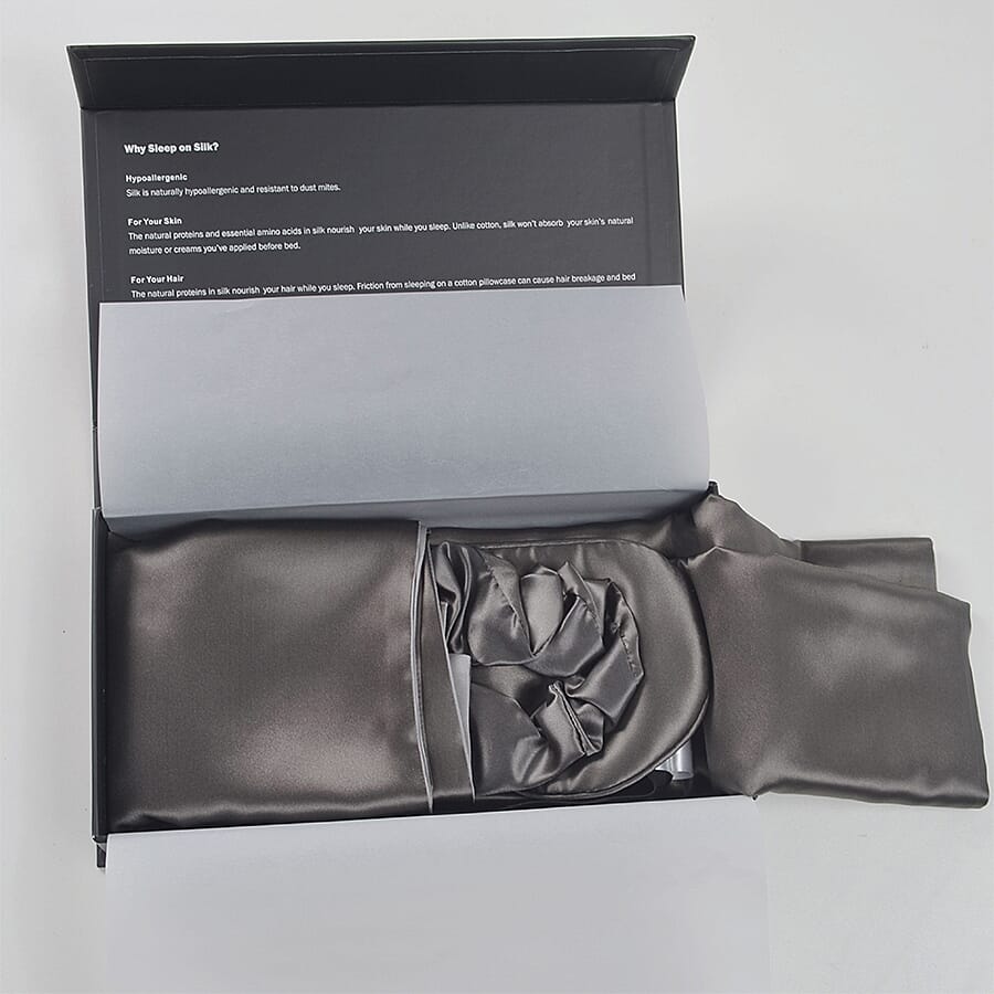 3 Piece Set - 100% Mulberry Silk Pillowcase (50x75cm), Scrunchie & Eye Mask (23.5x10.5cm) - Dark Grey