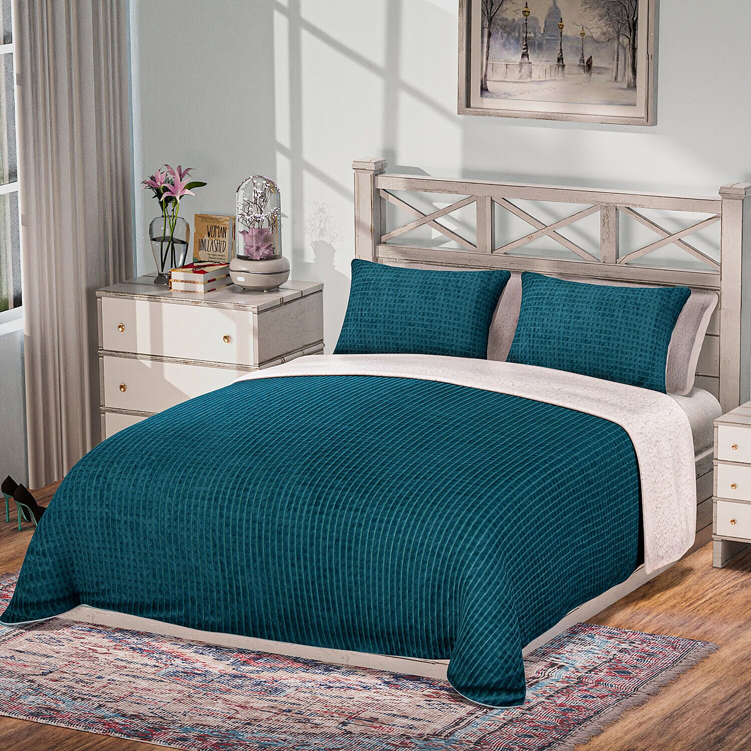 3 Piece Set - One Time Closeout - Extra Warm Sherpa Duvet Cover with 2 Pillowcases (King Size) - Teal