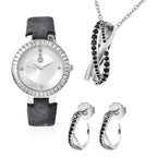 3 Piece Set - STRADA Japanese Movement White Austrian Studded Water Resistant Watch with Black Strap, Simulated Black Spinel Studded Earrings and Pendant with Chain (Size 24) in Silver Tone