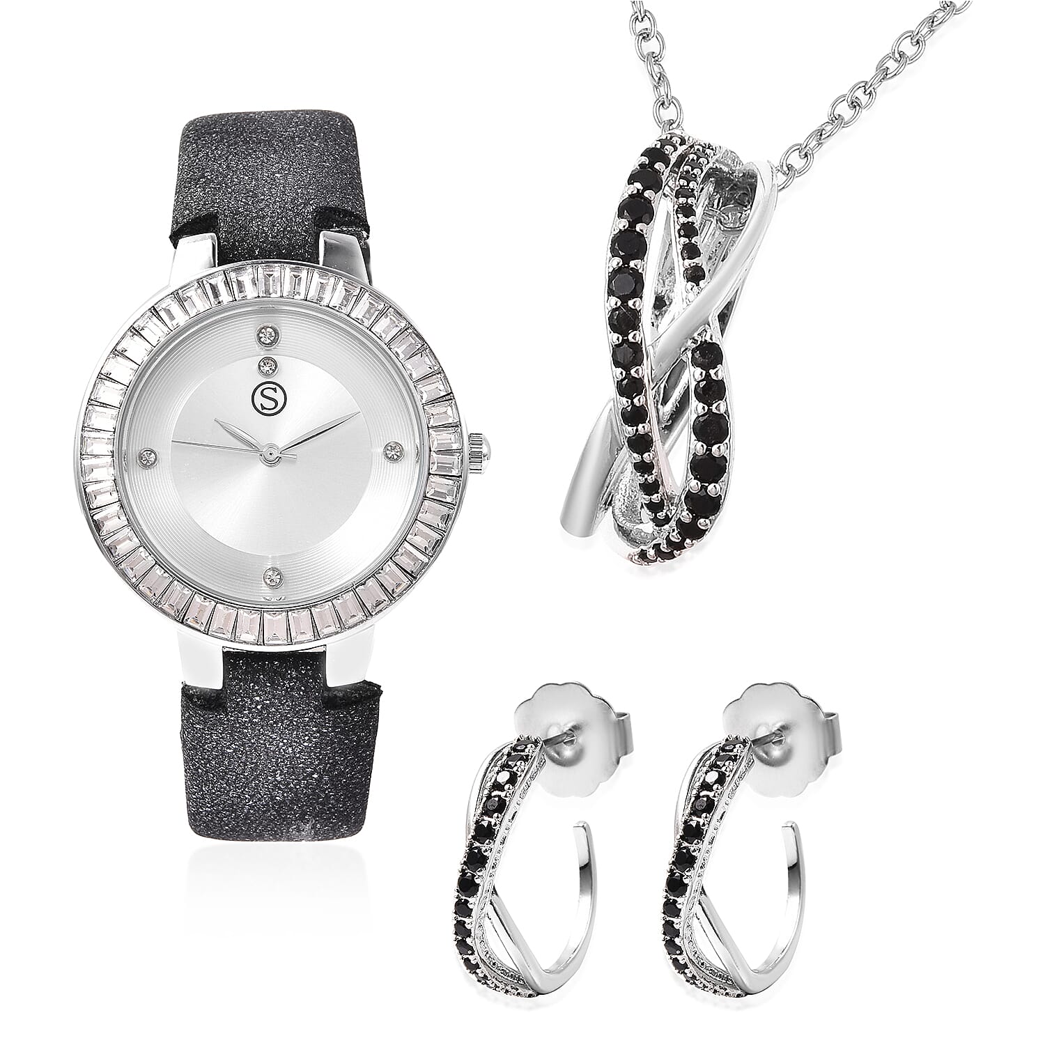 3 Piece Set - STRADA Japanese Movement White Austrian Studded Water Resistant Watch with Black Strap, Simulated Black Spinel Studded Earrings and Pendant with Chain (Size 24) in Silver Tone