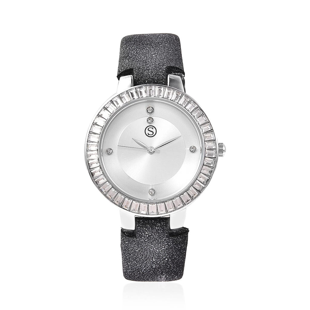 3 Piece Set - STRADA Japanese Movement White Austrian Studded Water Resistant Watch with Black Strap, Simulated Black Spinel Studded Earrings and Pendant with Chain (Size 24) in Silver Tone