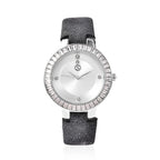 3 Piece Set - STRADA Japanese Movement White Austrian Studded Water Resistant Watch with Black Strap, Simulated Black Spinel Studded Earrings and Pendant with Chain (Size 24) in Silver Tone