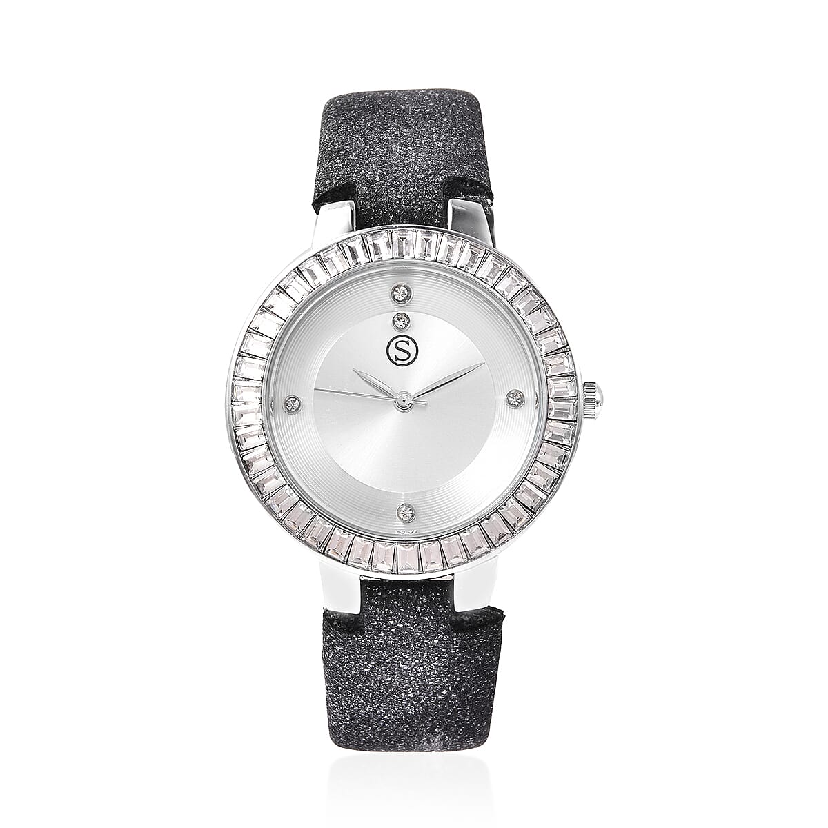 3 Piece Set - STRADA Japanese Movement White Austrian Studded Water Resistant Watch with Black Strap, Simulated Black Spinel Studded Earrings and Pendant with Chain (Size 24) in Silver Tone