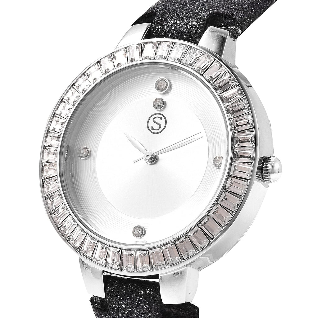 3 Piece Set - STRADA Japanese Movement White Austrian Studded Water Resistant Watch with Black Strap, Simulated Black Spinel Studded Earrings and Pendant with Chain (Size 24) in Silver Tone