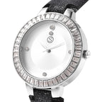 3 Piece Set - STRADA Japanese Movement White Austrian Studded Water Resistant Watch with Black Strap, Simulated Black Spinel Studded Earrings and Pendant with Chain (Size 24) in Silver Tone