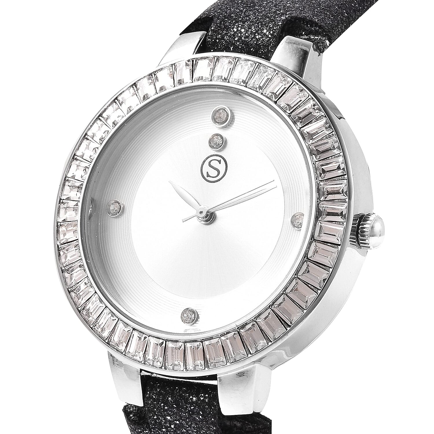 3 Piece Set - STRADA Japanese Movement White Austrian Studded Water Resistant Watch with Black Strap, Simulated Black Spinel Studded Earrings and Pendant with Chain (Size 24) in Silver Tone