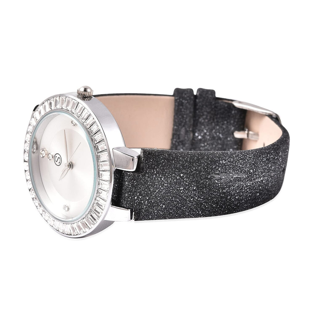 3 Piece Set - STRADA Japanese Movement White Austrian Studded Water Resistant Watch with Black Strap, Simulated Black Spinel Studded Earrings and Pendant with Chain (Size 24) in Silver Tone