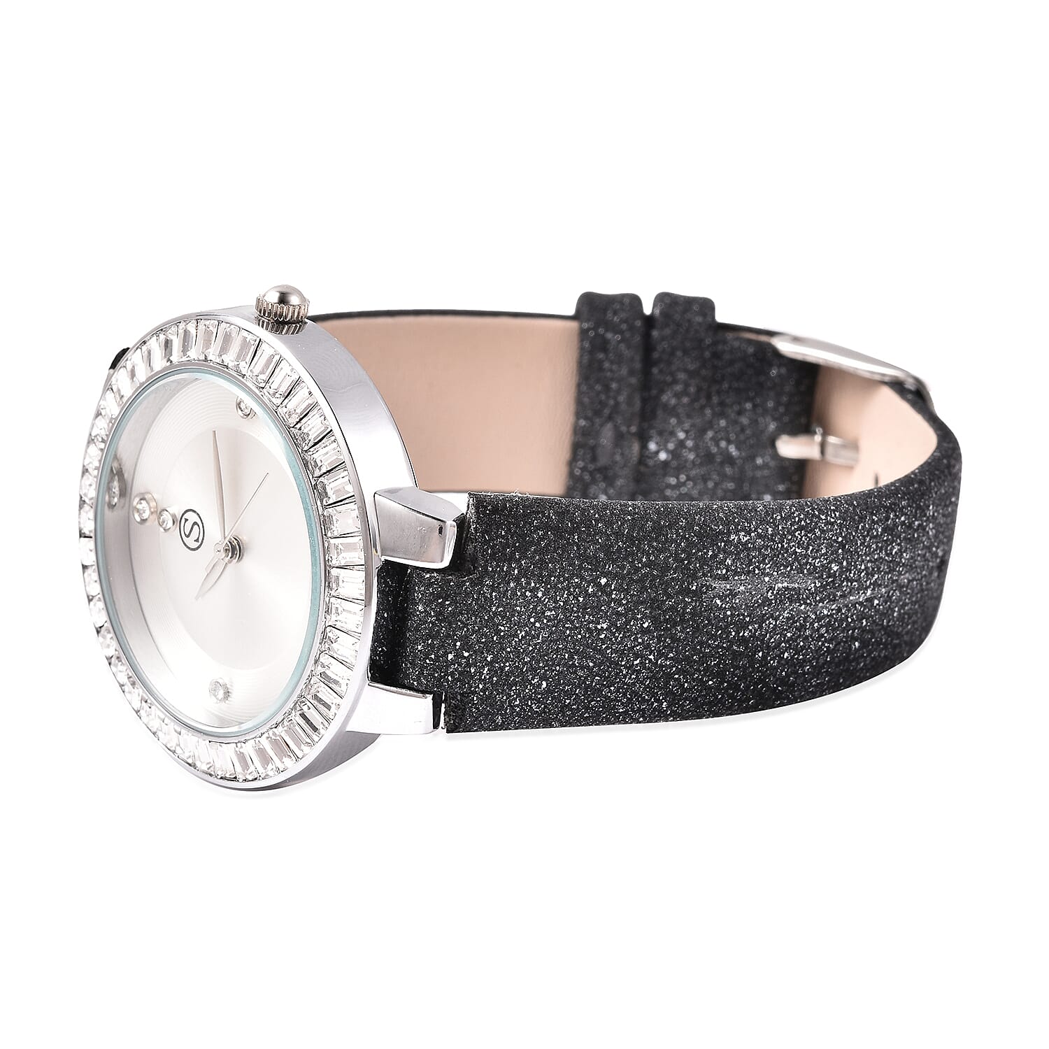 3 Piece Set - STRADA Japanese Movement White Austrian Studded Water Resistant Watch with Black Strap, Simulated Black Spinel Studded Earrings and Pendant with Chain (Size 24) in Silver Tone