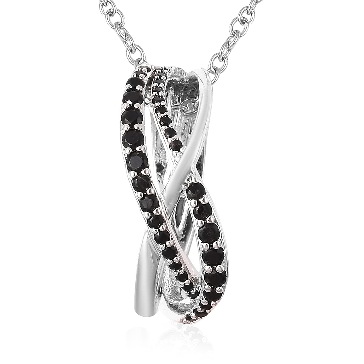 3 Piece Set - STRADA Japanese Movement White Austrian Studded Water Resistant Watch with Black Strap, Simulated Black Spinel Studded Earrings and Pendant with Chain (Size 24) in Silver Tone