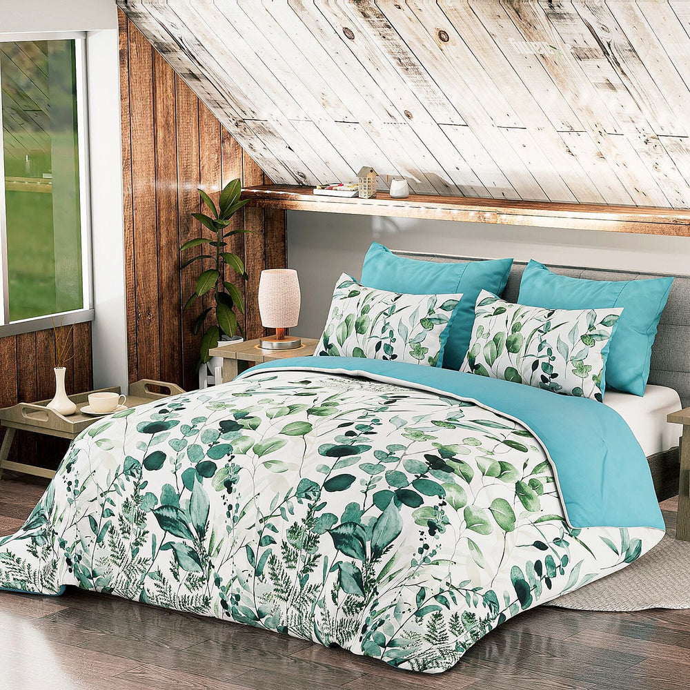 3 Piece Set - Leaves Pattern Comforter with 2 Pillow Cases (Double Size 200x200 cm) - Green