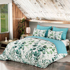 3 Piece Set - Leaves Pattern Comforter with 2 Pillow Cases (Double Size 200x200 cm) - Green