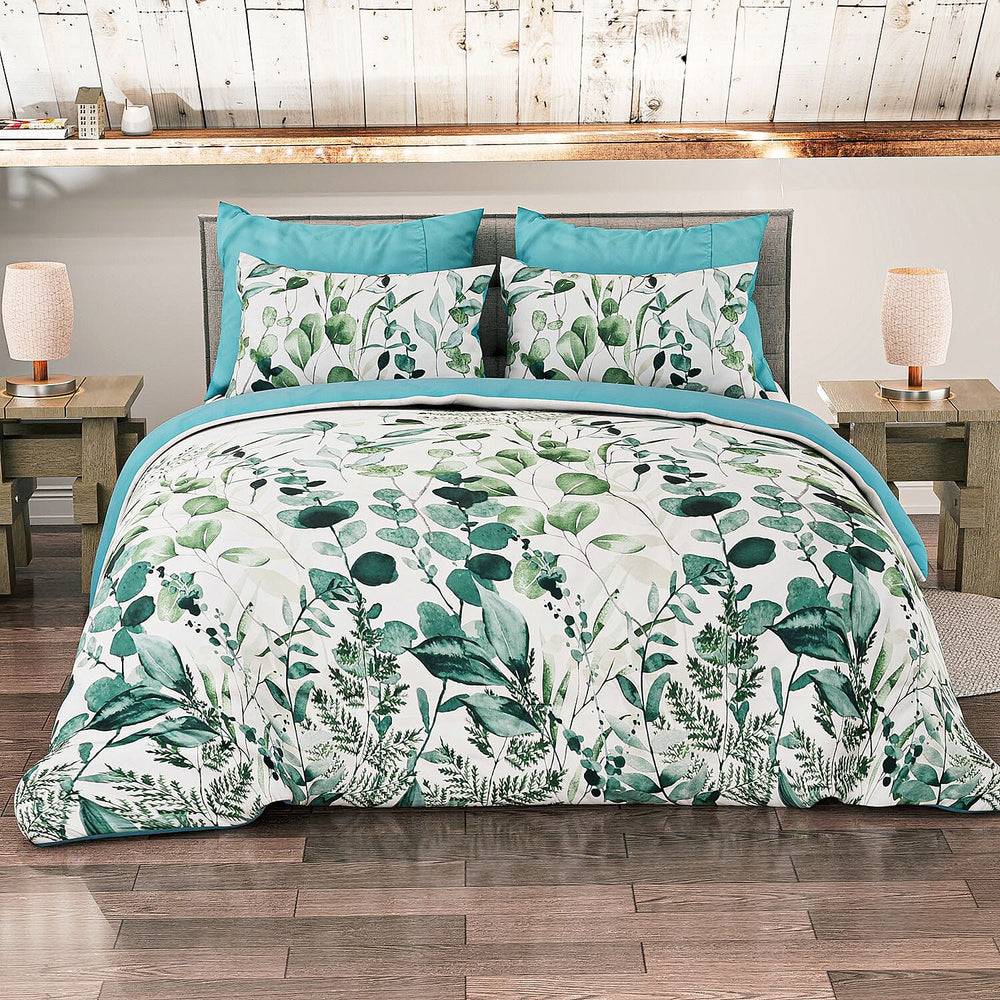 3 Piece Set - Leaves Pattern Comforter with 2 Pillow Cases (Double Size 200x200 cm) - Green