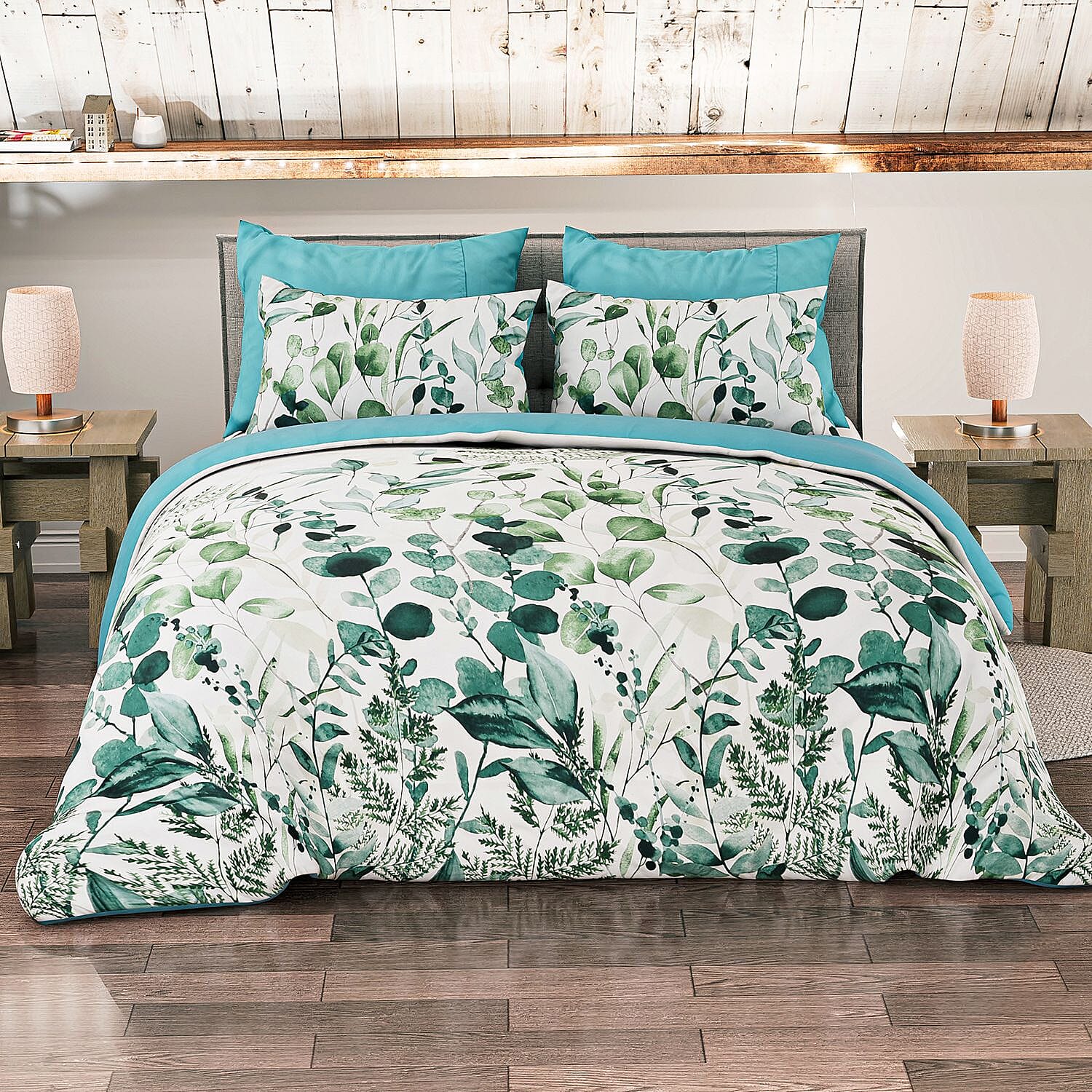 3 Piece Set - Leaves Pattern Comforter with 2 Pillow Cases (Double Size 200x200 cm) - Green