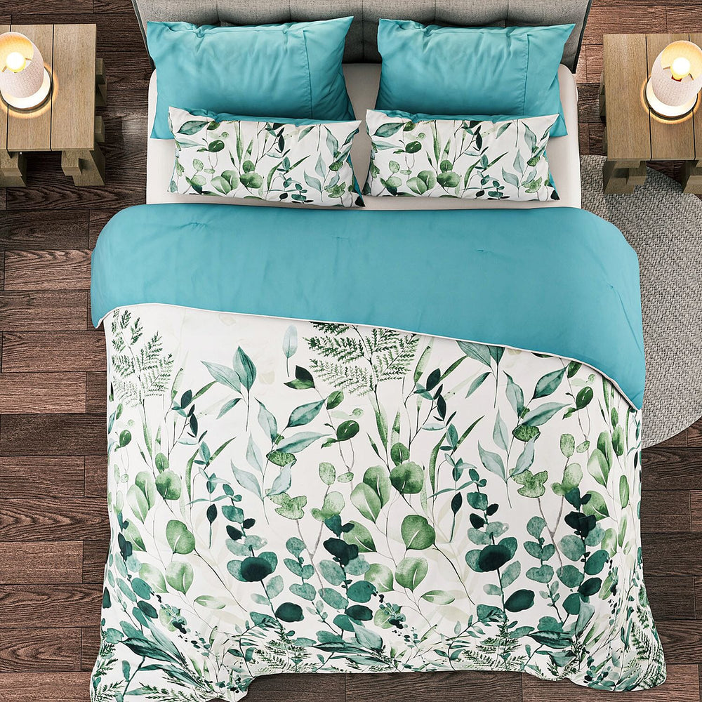 3 Piece Set - Leaves Pattern Comforter with 2 Pillow Cases (Double Size 200x200 cm) - Green