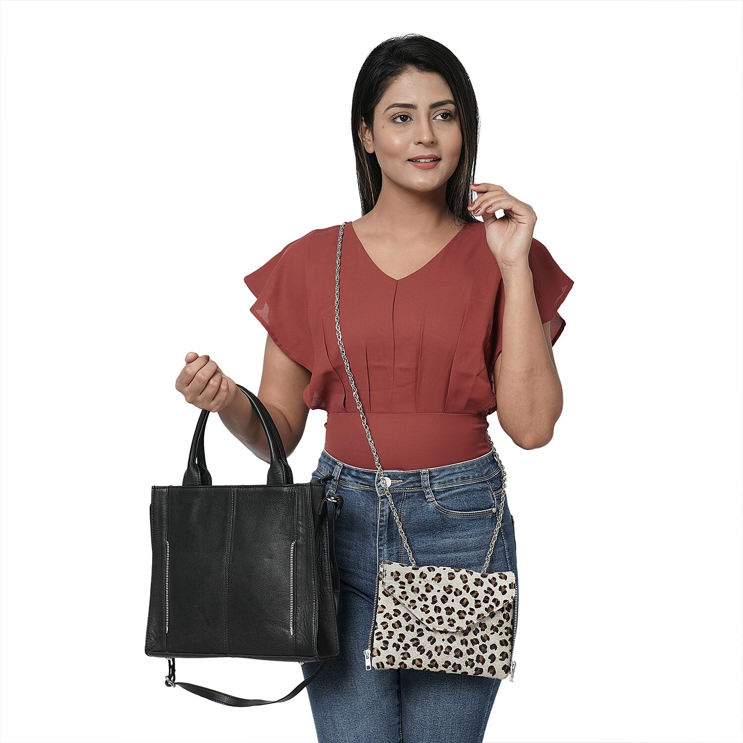 100% Genuine Leather 3-in-1 Leopard Pattern Handbag with Detachable Clutch (21x16cm) with Adjustable Shoulder Strap - Black