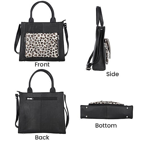 100% Genuine Leather 3-in-1 Leopard Pattern Handbag with Detachable Clutch (21x16cm) with Adjustable Shoulder Strap - Black