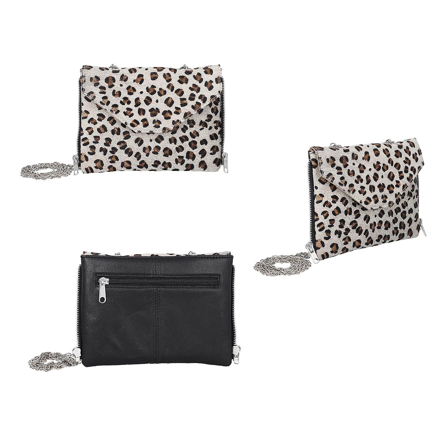 100% Genuine Leather 3-in-1 Leopard Pattern Handbag with Detachable Clutch (21x16cm) with Adjustable Shoulder Strap - Black